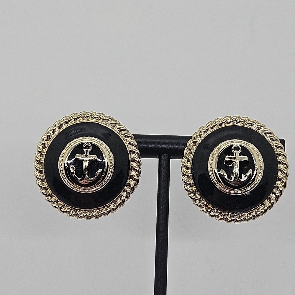 black and gold tone anchor enamel button earrings